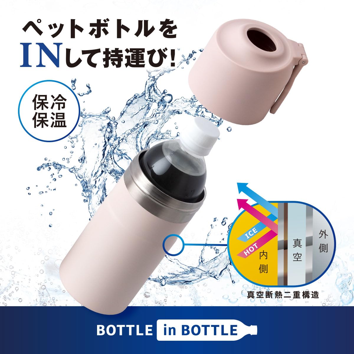 アトラス ペットボトルホルダー 水筒 保冷 ペットボトルクーラー 500ml 650ml 真空断熱 ピンクベージュ 折りたたみ ハンドル 取っ手付き ボトルインボトル ABIB-EPB